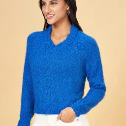 People by Pantaloons Blue Self Pattern Sweater image 3