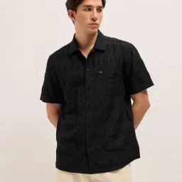 The Bear House Black Blended Regular Fit Woven Design Shirt-image-59