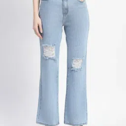 MADAME Light Blue Cotton Distressed High Rise Jeans-image-16