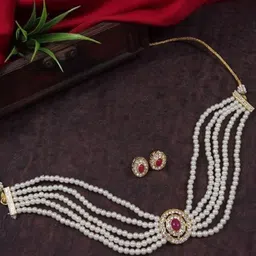 I Jewels 18K Gold Plated Pearls & Stones Studded Jewellery Set image 1