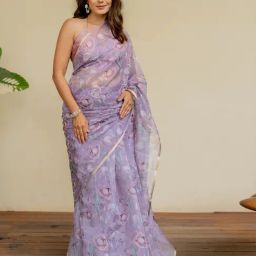 Mirchi Fashion Purple Organza Floral Printed Saree For Women-picture-17