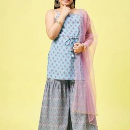 StyloBug Girls Blue Cotton Printed Kurti Set-picture-18