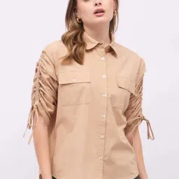 Styli Taupe Cotton Over Sized Shirt-image-1