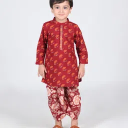 Babyhug Cotton Woven Full Sleeves Kurta & Dhoti Set with Floral Print - Maroon-picture-34