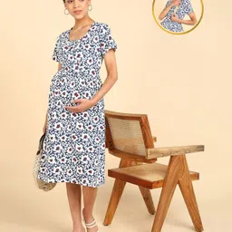 Zelena Half Sleeves Floral Printed Maternity Dress With Concealed Nursing Access - Off White-picture-25