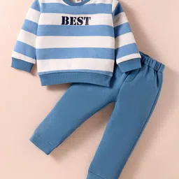 ToffyHouse Fleece Knit Full Sleeves Winter Wear Striped T-Shirt & Lounge Pant Set With Best Print - Light Blue image 1