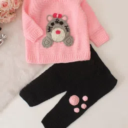 Woonie Full Sleeves Animal Embroidered Hand Knitted Sweater & Pant Set -Pink-image-8