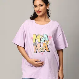 The Mom Store Half Sleeves Mama Text Printed Oversized Maternity Tee - Lavender-image-67
