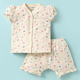 CUCUMBER Sinker Knit Half Sleeves Co-ords Shorts Night Suit with Butterfly Print - Cream-picture-1