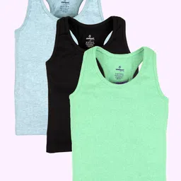 Kiddopanti Cotton Lycra Pack of 3 Solid Racer Back Tank Tops - Blue Melange & Dark Green & Black-image-31