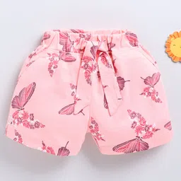 Biskid Cotton Floral & Butterfly Printed Shorts - Peach-image-1