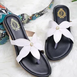 Shoetopia Floral Designed Pearl Embellished Flat Sandals - White-image-2