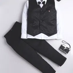 Fourfolds Woven Full Sleeves Floral Printed 3 Piece Party Suit Set With Bow - Black-picture-34