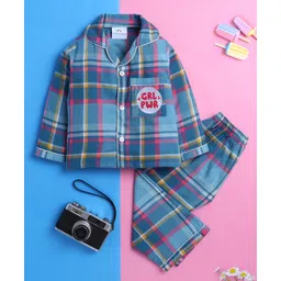 Knitting Doodles Rayon Woven Full Sleeves Checked Coordinating Night Suit Set - Blue-picture-11