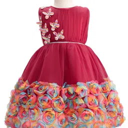 Enfance Sleeveless Floral & Butterflies Applique Detailed Knee Length Dress - Maroon-image-43