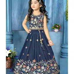 Lagorii Silk Woven Sleeveless Floral Embroidered Sequins Embellished Lehenga Choli Set - Navy Blue-image-3