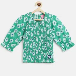 Tales & Stories Cotton Woven Three Fourth Peasant Sleeves Floral Printed Smocked Top - Green-picture-13