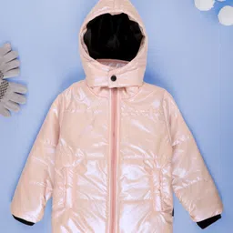 Kiddopanti Woven Full Sleeves Solid Puffer Light Winter Hooded Jacket - Baby Pink-picture-39