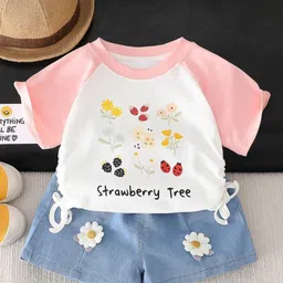 POP STREET KIDS Cotton Knit Half Raglan Sleeves Floral & Strawberries Printed Tee & Shorts Set - Pink-picture-36