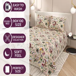 INDRA'S Beige & Purple Floral 144 TC Bedsheet with 2 Pillow Covers image 2