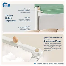 Kids Station Foldable Bed Rail Guard 2 Side, Green (200 x 180 cm) Adjustable Height Baby Safety Barrier for King Size Bed (6.6ft x 6ft, Basic) image 5