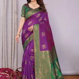 WOVENSTOCK Ethnic Motifs Woven Design Zari Kanjeevaram Saree With Blouse Piece-picture-13