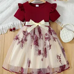 YK Girls Embroidered Round Neck Flutter Sleeves Tulle Belted Detail Fit and Flare Dress-picture-16