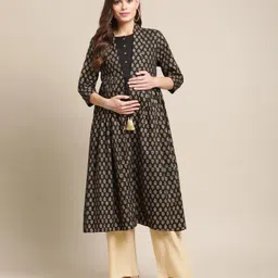 Bella Mama Three Fourth Sleeves Jacket Style Printed Maternity Ethnic Kurta - Black image 1