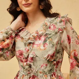 QUIERO Women Floral Printed Puff Sleeves Ruffles Detail Peplum Top image 4