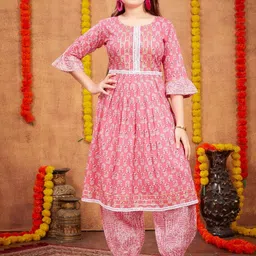 BAESD Girls Printed Round Neck Pure Cotton A-Line Kurta With Patiala-image-62
