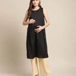 Bella Mama Three Fourth Sleeves Jacket Style Printed Maternity Ethnic Kurta - Black image 3