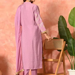 Sangria Women Solid Embroidered Kurta with Dhoti Pant & Dupatta image 2