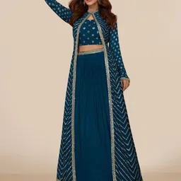 PARROT CREATION Geometric Embroidered Georgette Crop Top With Skirt & Shrug-picture-38