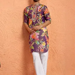 KRAFT INDIA LUXE Men Floral Printed Regular Mirror Work Kurta with Trousers image 4
