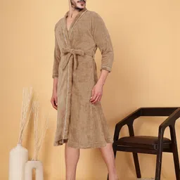 FABINALIV Beige Cotton Bath Robe With 2 Front Pockets image 3