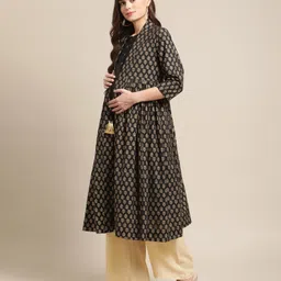 Bella Mama Three Fourth Sleeves Jacket Style Printed Maternity Ethnic Kurta - Black image 5