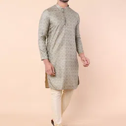 NAMASKAR Geometric Printed Mandarin Collar Silk Straight Kurta-image-68