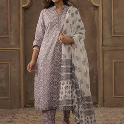 Indo Era Women Ethnic Motifs Printed Cotton Kurta with Trousers & Dupatta-image-79