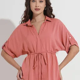 Murcia Women Solid Waist Tie-Ups Shirt Style Roll-Up Sleeves Satin Shirt Style Top-image-12