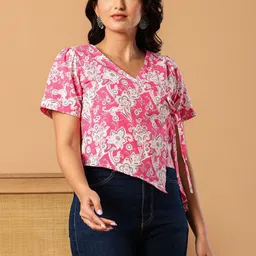 L R TEXTILES Women Pink Print Wrap Cotton Top image 3