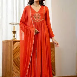SheChoiceFAB Women Ethnic Motifs Embroidered Empire Thread Work Kurta with Trousers & With Dupatta image 4