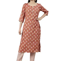 Samhitas Floral Printed Notch Neck Pure Cotton Straight Kurta With Trouser-image-6