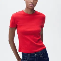 MANGO Women Solid Round Neck Pure Cotton Fitted T-shirt-picture-26