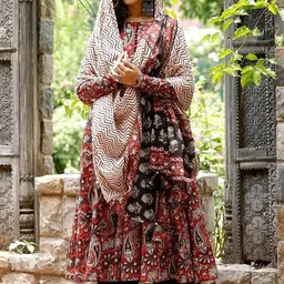 Vidusha Women Ethnic Motifs Printed Cotton Anarkali Kurta with Trousers & Dupatta image 3