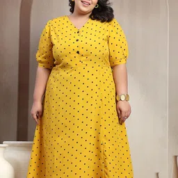 plusS Women Polka Dot Printed Puff Sleeve A-Line Midi Dress-picture-24