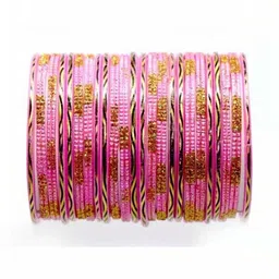 Adiba Fashion Factory Set Of 10 Pink Glass Artificial Stones & Beads Bangle image 1