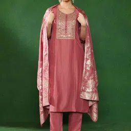 Jaipur Kurti Floral Round Neck Chinon Kurta With Trousers & Dupatta-picture-35