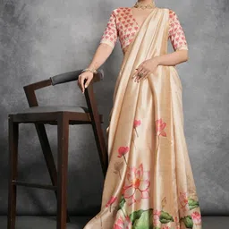 HERE&NOW Floral Printed Tussar Saree With Blouse Piece image 4