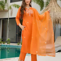 J.KANJI Embroidered V-Neck Thread Work Straight Kurta With Trousers & Dupatta image 3