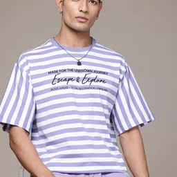 The Roadster Lifestyle Co. Typography &  Striped Print Drop-Shoulder Sleeves  T-shirt-image-14
